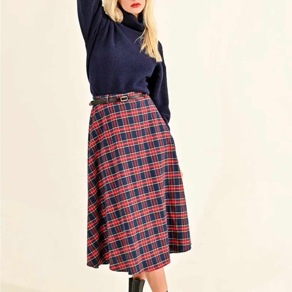 Molly Bracken Red and Blue Plaid A-Line Skirt